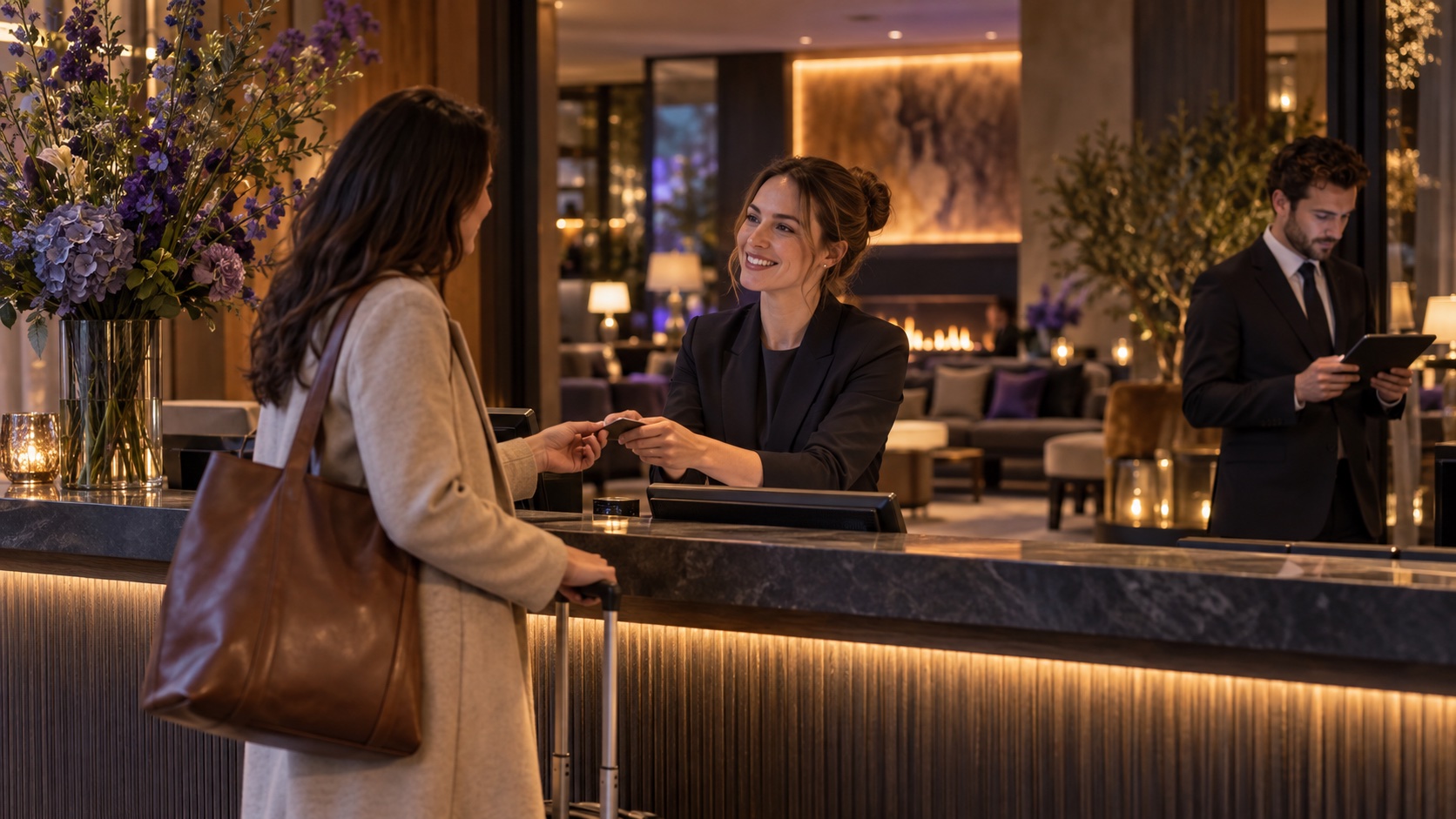 Hotelmedewerker helpt een gast in een warme, moderne lobby