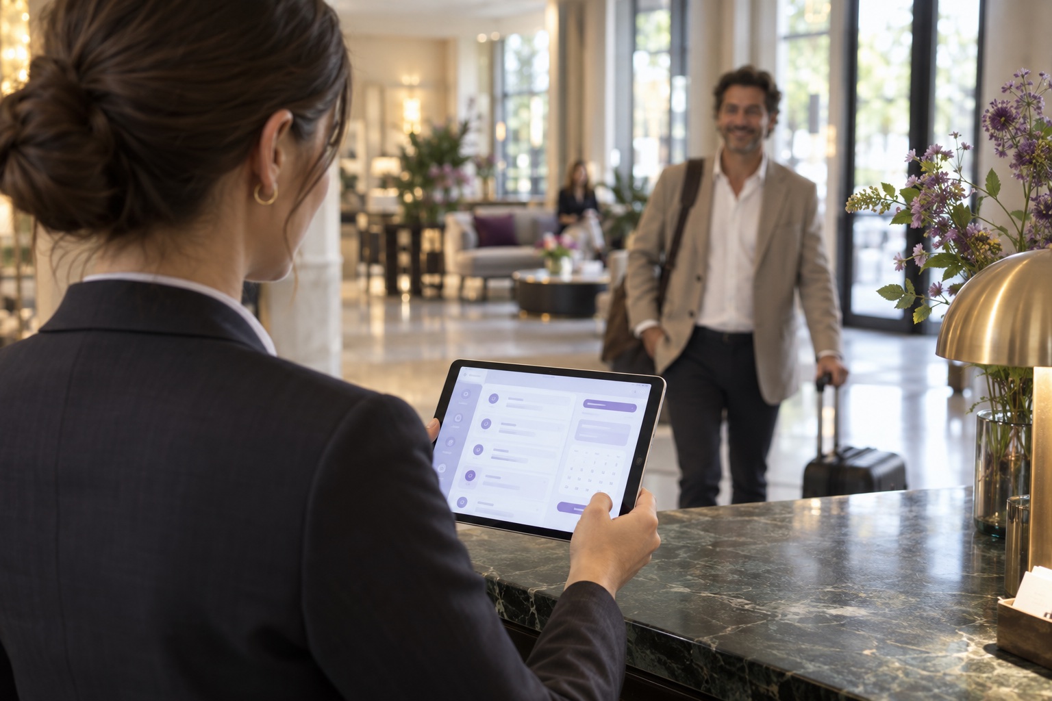 Hotelmedewerker bekijkt een aankomstworkflow op een tablet aan de receptie