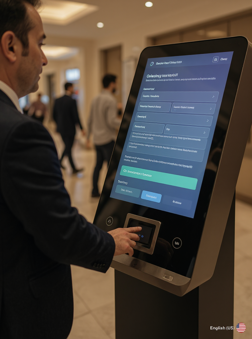 Guest uses a self check-in kiosk in a hotel lobby